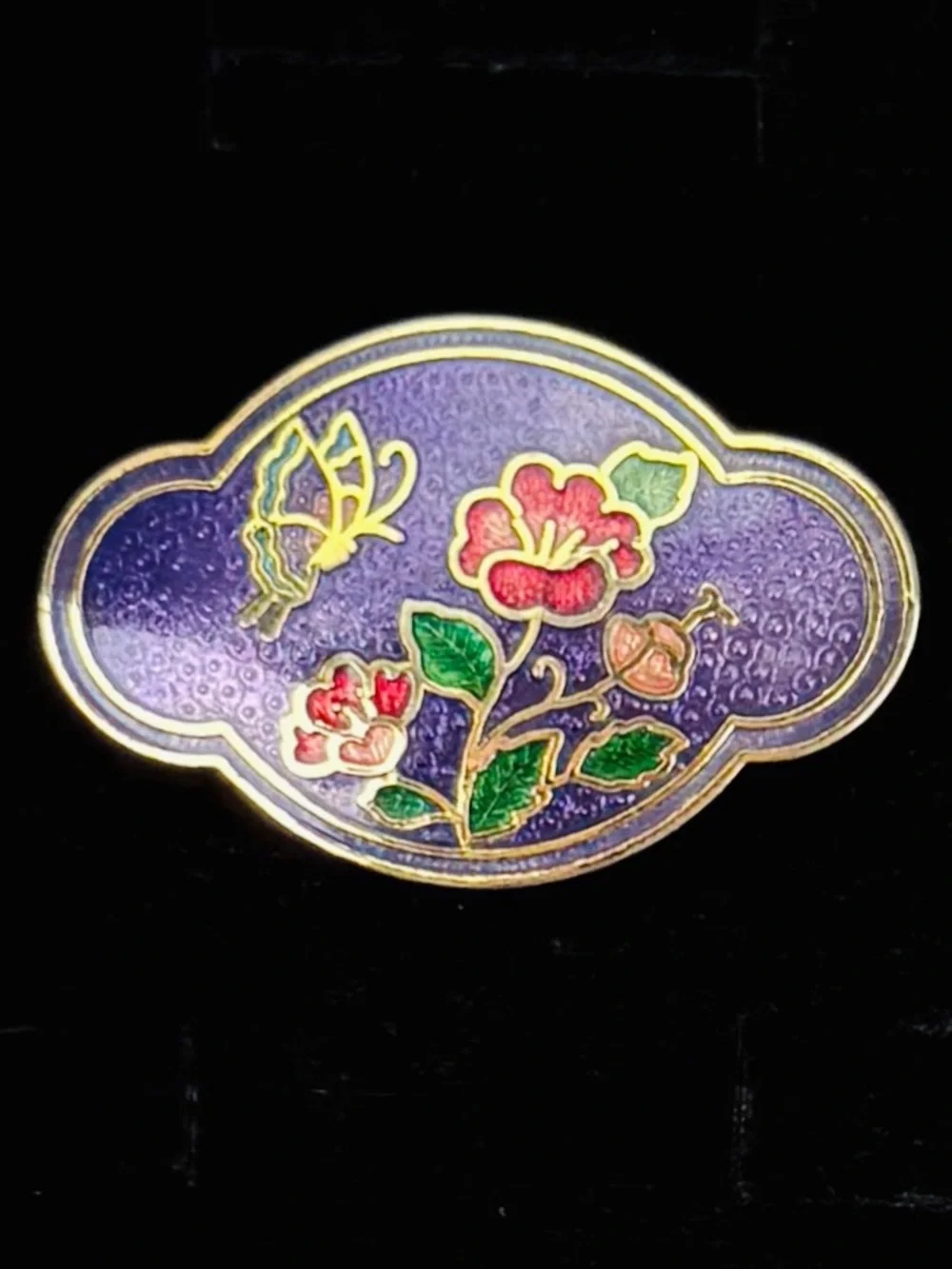 Vintage Cloisonné Enamel Butterfly Floral Scarf Clip Slide Purple Gold Tone